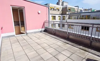 DACHTERRASSENHIT, sonnige 53 m2 Dachgeschoß mit 26 m2 Terrasse, 2 Zimmer, Küche, Wannenbad, Parketten, U6-Nähe, Hilschergasse